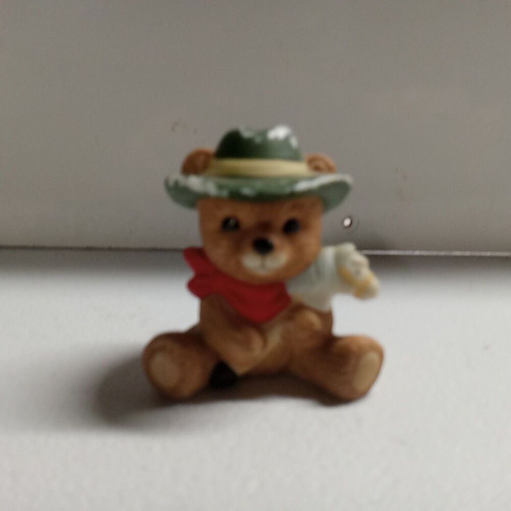 Vintage Homco Ceramic Cowboy Teddy Bear Figurine with Hobby Horse 1417 Green Hat